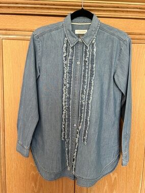 Pilcro Light Blue Denim Button-Down Shirt with Frayed Placket